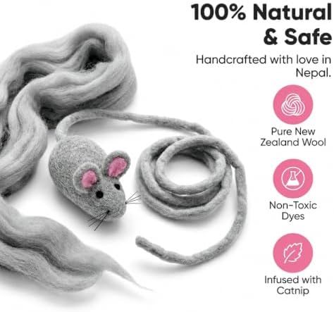 Glaciart One XXL Felt Mouse Cat Toy – 6” Body + 98” Tail – Large Cat Enrichment Toy – 100% Natural Wool with Catnip – Interactive Teaser for Big Cats – Safe Non-AZO Dyes