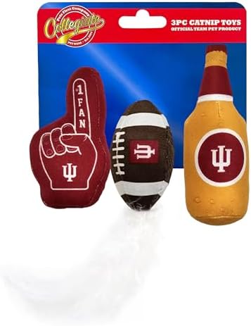BEST PLUSH CAT TOY NCAA INDIANA HOOSIERS Complete Set of 3 piece Cat Toys filled with Fresh Catnip. Includes: 1 Helmet Cat Toy, 1 Football Cat Toy with Feathers & 1 Beer Bottle. Beautiful Team LOGO