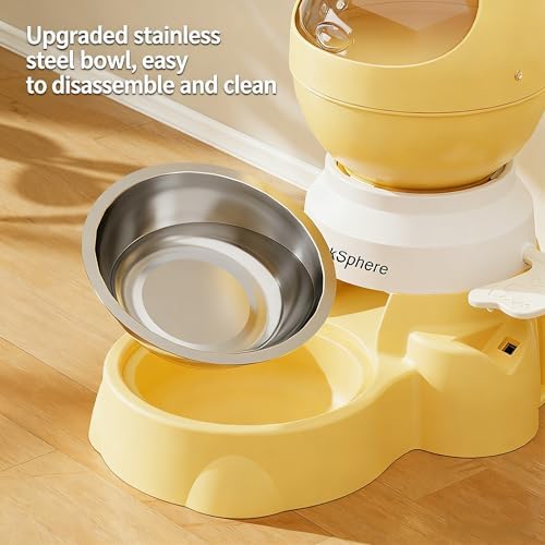 Automatic Food Dispenser Gravity Feeder & Push Button Pet Feeder, Treat Dispenser with Button for Slow Feeder, 1.5L Capacity, Two Ways to Use (Yellow)