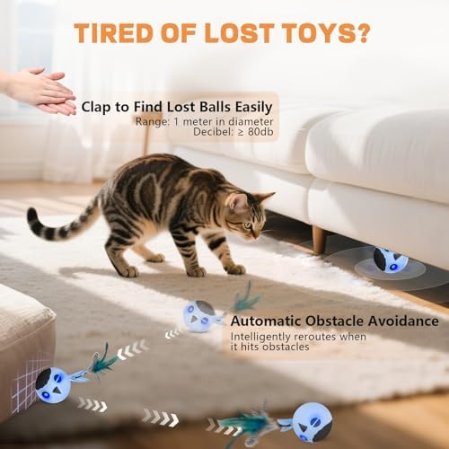 Cat Ball Toy, Upgraded Smart Motion Sensor Moving Ball with 3 Speed Modes & 4 Sounds, Interactive Toy for Indoor Cats, Motion Activated, Chirping Light, 2 Feather Tails(Blue)