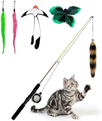 Cat Teaser Wand, 30-Inch Retractable Cat Fishing Pole Toy with 5 Replacement Teaser Toys, Fox Tail, Swallow, Butterfly and 2 Caterpillars, Interactive Indoor & Outdoor Cat Toy