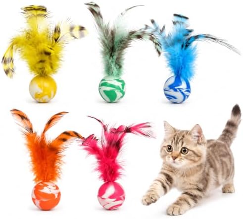 5 Pcs Feather Cat Toy, Cat Toy Balls with Natural Feathers, Feather Chase & Fetch Balls for Indoor Cats, Bouncy Cat Feather Ball Toys, Interactive Silicone Bouncing Balls for Active Kittens, Adult Cat