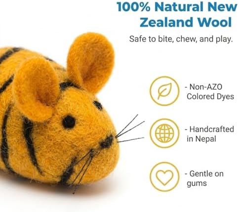 Glaciart One Felt Mouse Cat Toy – Soft Fuzzy Enrichment 100% Natural Wool - Interactive Catnip Play Cat Toy Set - Safe for Pets, Non-AZO Colored Dyes - 100” Long