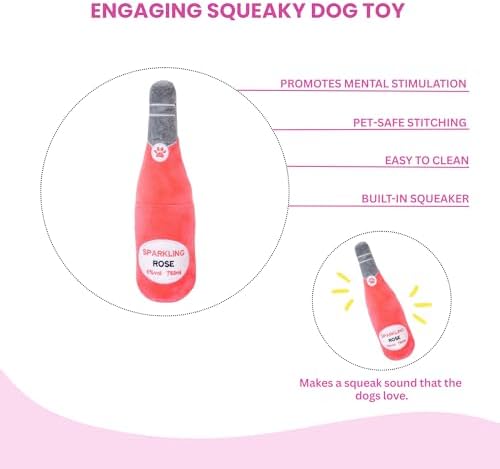 Glow Pups Rose Puppy Toy, Wine Dog Toy with Squeaker, Fun Alcohol Parody Plush Toy for Dogs, Ultra-Soft Microfiber, Interactive Play, Pink