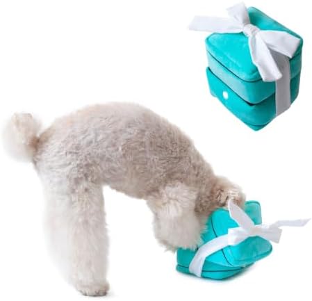 Valentine's Day Ring Box Snuffle Toy, Teal Velvet, Interactive Enrichment Toy with Squeaky Detachable Ring, Hidden Treat Pocket, Nosework Enrichment