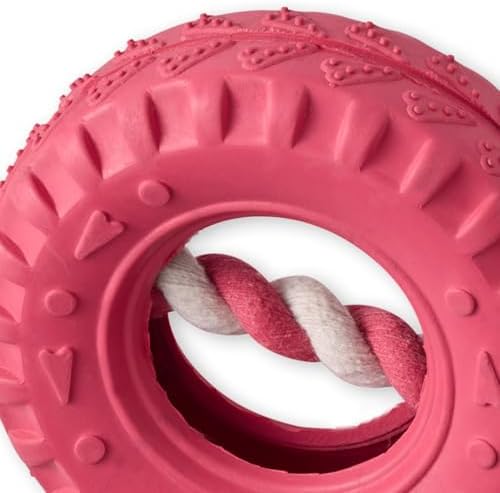 Pet Passion Natural Rubber Tire and Organic Cotton Rope Pull and Chew Dog Toy for All Pet Breeds, Pink, One Size