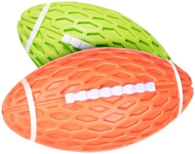 AUSCAT 2PCS Squeaky Dog Football Toy, Dog Chew Toy, Tough Rubber Dog Ball for Medium Large Dogs, Green and Orange, Large, 5.5"