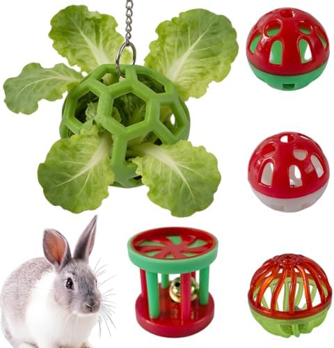 Rabbit Treat Ball, Bunny Enrichment Toy with Stainless Steel Hanger Set, Veggie Feeding Rabbit Ball Toy to Slow Feeder for Bunny, Guinea Pig, Hedgehog, Squirrel, Tortoise (Green)