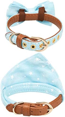 Small Dog Collar Set, 2Pcs Puppy Cat Collar with Bow Tie & Bandana, Durable PU Leather Canvas Tiny Pet Scarf for Small Breed Pets Blue Stars
