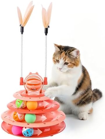 Cat Turntable Toy Ball - Interactive Kitten Toys & Toys for Indoor Cats with 6 Colorful Balls & 2 Cat Teaser Wands, Fun Mental & Physical Exercise Puzzle Plaything for Kitty Kitten to Play (Pink)