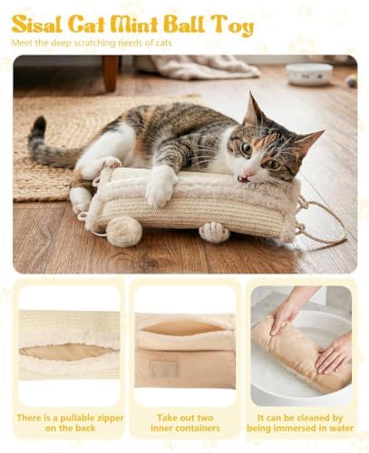 16.5 Inch Sisal Catnip Pillow Toy Kickers, Washable Sisal Cover, Interactive Cat Toys with Sisals Balls for Indoor Scratching, Chewing & Teething, Fun for Kittens and Adult Cats (Beige)