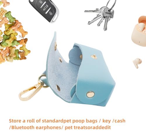 Leather Poop Bag Holder Dispenser for Leash, Portable and Reusable Dog Poop Bag Dispenser, Dog Bag Holder for Walking, Outdoor, Travelling (Blue)