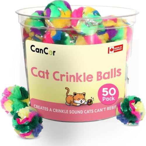 Mini Crinkle Balls for Cats 1.5 Inch (50-Pack) - Multi-Color Cat Toys - Canadian-Made Cat Crinkle Balls for Indoor Cats