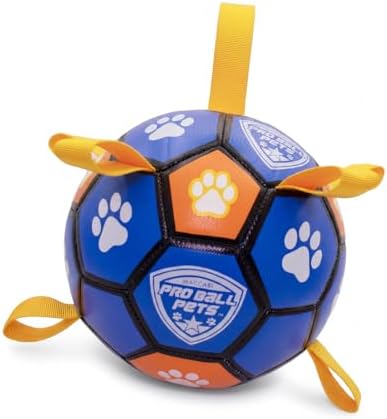 Interactive Dog Soccer Ball for Dogs, 6” with Straps & Grab Tabs, Floats on Water, Fetch & Training Toy for Small/Medium Dogs, Herding Breeds, Waterproof Non-Toxic – ProBall Pets – Blue Orange