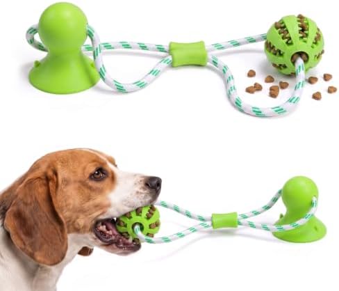 Dog Toy Suction Cup Tug of War, Interactive Chew Toy for Aggressive Chewers, Puppy Teething & Teeth Cleaning, Treat Dispensing Puzzle Ball, Rope Toys for Dogs - Green