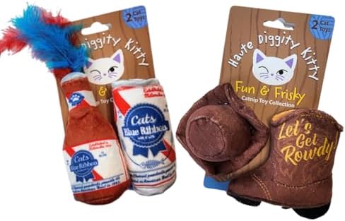 Haute Diggity Kitty Cats Blue Ribbon + Kitty Cowboy Set Soft Plush Cat Toys