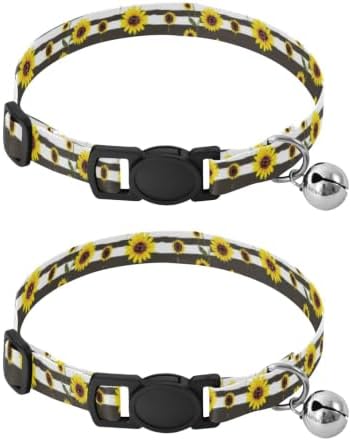 2 Pack Kitten Collars Yellow Sunflowers Striped Kitten Collar with Bell, Adjustable Length 10.6" to 17.1"