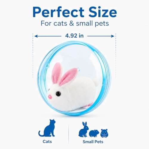 Self Rolling Interactive Cat Ball, Automatic Moving Cat Toy with Plush Animal Inside, 360° Rolling Cat Chasing Ball with Transparent Ball for Cats Dogs Small Pets (Blue,Rabbit)