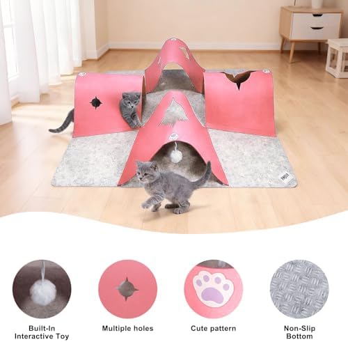 4-Way Cat Tunnels for Indoor Cats, Interactive Toys with Plush Ball