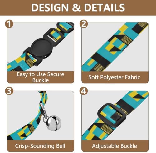 Geometric Stripes Turquoise Blue Kitten Collar with Bell 2 Pack Puppy Collar Adjustable Length 10.6" to 17.1"
