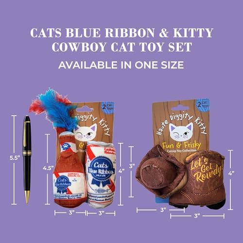 Haute Diggity Kitty Cats Blue Ribbon + Kitty Cowboy Set Soft Plush Cat Toys
