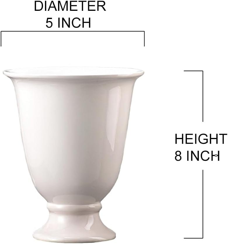 Serene Spaces Living White Porcelain Urn Vase: Pedestal Floral Pot for Natural & Faux Flowers. Perfect Entryway, Home Decor, Tabletop Decoration, Wedding, Small