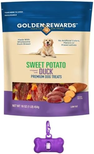 Golden Rewards Duck Wrapped Sweet Potato Dog Treats Grain-Free, No Artificial Colors or Flavors, No Corn or Soy, with Bone Waste Bag Dispenser and Roll (16 oz)