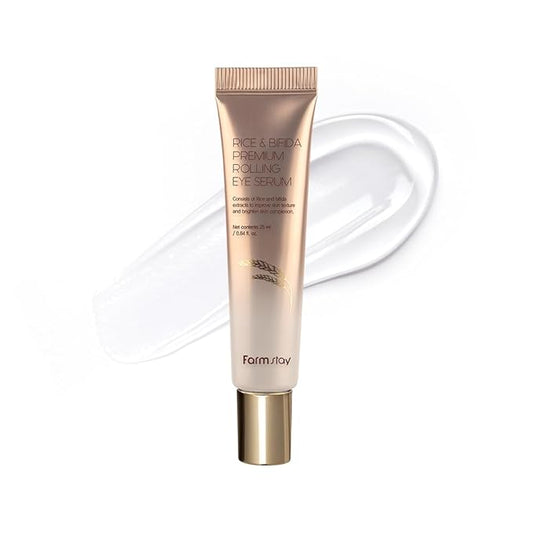 Farmstay Rice & Bifida Premium Rolling Eye Serum with Niacinamide, Dark Spot Remover Correcting, Cooling & Soothing Eye Cream for Puffy, for Women & Men, Korean Skin Care, 0.84 fl. oz.