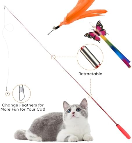 Cat Toys for Indoor Cats, 13 Packs Interactive Cat Wand Toy Set with Feather＆Ribbon Refills, Feather Toys for Exercise, Playtime and Boredom Relief with Kitten