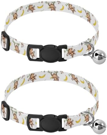 Cartoon Monkeys Hanging Bananas Collars for Puppies, 2 Pack Cat Collar Breakaway with Bell