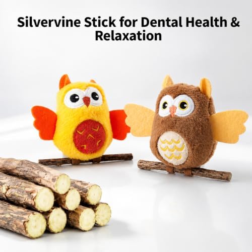 DODODOLA 2 PCS Interactive Cat Toys for Indoor Cats Owl Kitten Toys with 100% Pure Organic Catnip and Movable Silvervine Sticks Kittens Kitty Anxiety Relief Soft Cute Teething Chew Toys (BROWN+ORANGE)