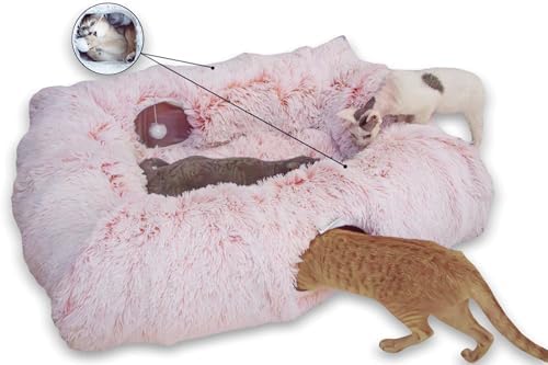 XxingSheep 4-Cave Plush XL Cat Tunnel Bed Indoor Cats Peekaboo Toy Mat Pink