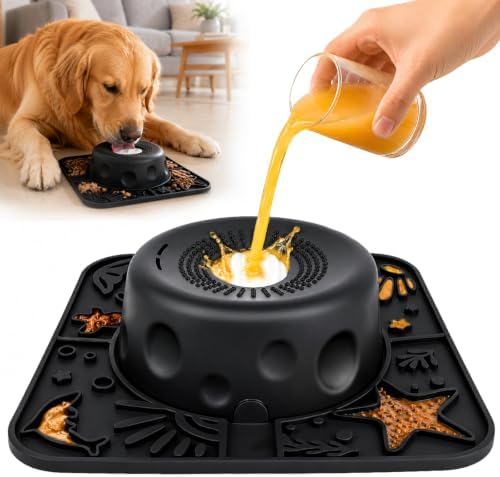 Slow Feeder Dog Bowl with Rolling Ball, 2 in 1 Dog Lick Bowl with Mat