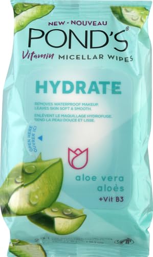 Pond's Vitamin Micellar Wipes For Dry Skin Hydrate Aloe Vera Removes Waterproof Makeup 25 Wipes (Pack of 2)