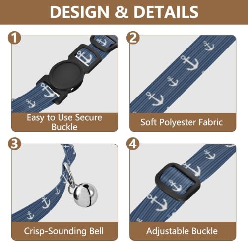 2 Pack Cat Collars White Anchors Stripes Navy Blue Puppy Collar with Bell, Adjustable 10.6 to 17.1 Inches