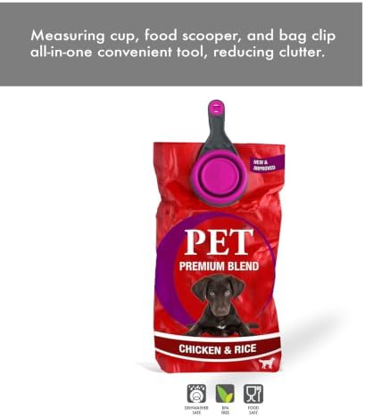 Dexas Popware for Pets Collapsible Klip Scoop, 3-in-1 Pet Food Scoop, Measuring Cup and Bag Clip, 1 Cup Capacity, Fuchsia