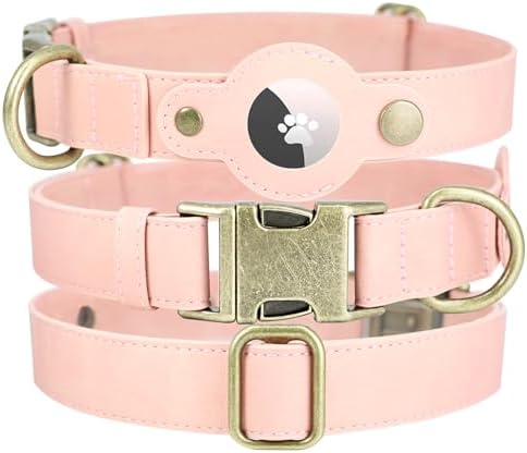 Airtag Dog Collar, PU Leather Collar w Airtag Holder for Medium Dogs(Pink)