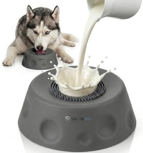 SAVAN IPA Slow Feeder Dog Bowls for Liquid with Rolling Ball, Interactive Lick Bowl Anti-Slip Slow Feeder for Wet Food, Water & Treats Lick Toy for Dogs Cats Large Medium Small (Gray)