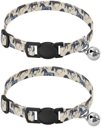 2 Pack Dog Collar Vintage Horses Plaids Bell Collar for Small Dogs, Adjustable 10.6 to 17.1 Inches