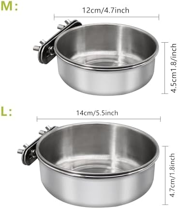 Medium+Large Bird Feeding Dish Cups,Parrot Food Bowl Cage with Clamp Holder Stainless Steel,Birdcage Coop Water Feeder for Cockatiel Parakeet Macaw Finches Lovebirds Small Animals (1 Pack, M+L)