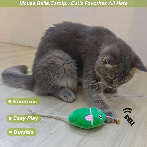 Interactive Cat Toy Wand with Catnip Mouse, Cat Teaser Wand Rainbow String for Bored Indoor Adult Cats and Kittens (2 Pack Mouse)