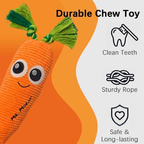 Orange Carrot Squeaky Plush Dog Chew Toy, 15.7 in Durable Rope Toy
