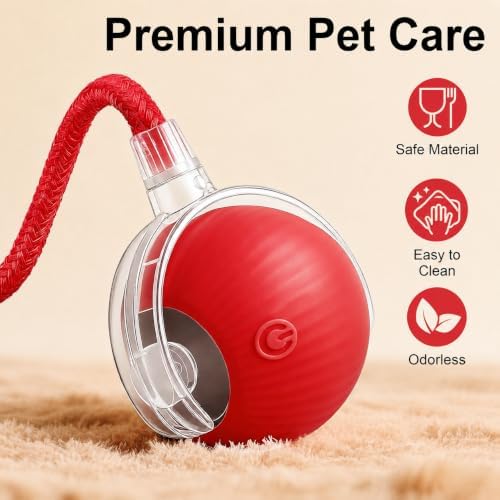 Interactive Automatic Rolling Electronic Stimulation Chase Ball Cat Dog Toy | Smart Electric Moving Stimulating Rechargeable Motion Activated Self Play Teaser for Boredom Small Dog Puppy Pet, with Rope