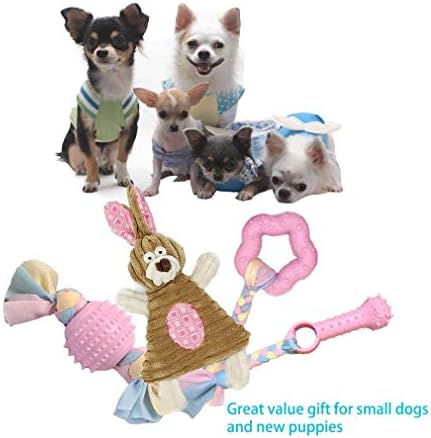Volacopets Puppy Toys for Teething Small Dogs Interactive Tiny Dog pet Chew Toy Soft Rubber Puppies Cute Pink Bunny, Small Breed 4-Pack