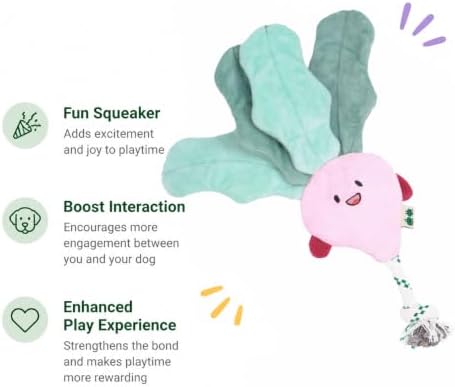Green Sheep Interactive Plush Dog Toy, No Stuffing Squeaky Toy with Recycled Cotton Rope for Medium to Large Dogs, Chew Toy, Radish