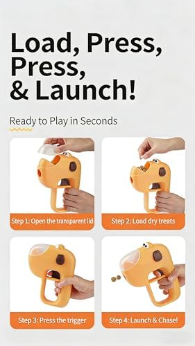 Interactive Dog Treat Launcher, Pet Food Catapult for Training & Enrichment, Portable Treat Shooter Toy for Puppy & Cat, Fits Round Dry Kibble, No Batteries Required (Orange)