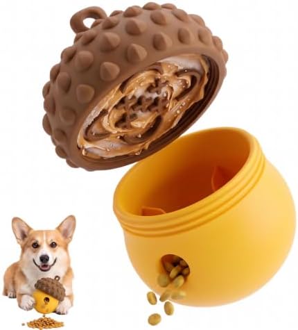 Dog Toy Treat Dispenser, Slow Feeder Puzzle (Orange-Yellow) | 2-in-1 slow feeder & freezable lick toy. Twist-open 2-piece easy clean. Food-grade silicone for small & medium dogs.
