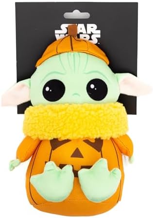 Star Wars Squeaky Plush Dog Toy for Large, Medium & Small Dogs, Halloween Grogu Pumpkin Sitting Pose, 8.5" x 7.0"