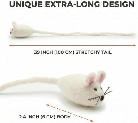 Glaciart One Felt Mouse Cat Toy – Soft Fuzzy Enrichment 100% Natural Wool - Interactive Catnip Play Cat Toy Set - Safe for Pets, Non-AZO Colored Dyes - 42” Long