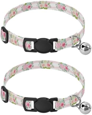 Striped Floral Bouquet Cat Collars with Bell 2 Pack Cat Collar Adjustable 10.6 to 17.1 Inches